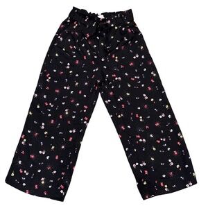 Popsugar Wide Leg Pants Womens Size S Black Floral Paperbag Waist Tie Belt